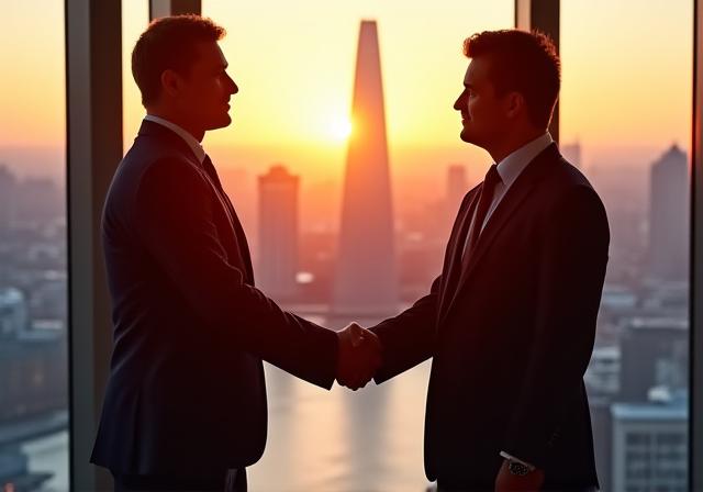 Business people shaking hands in a high-rise office in London