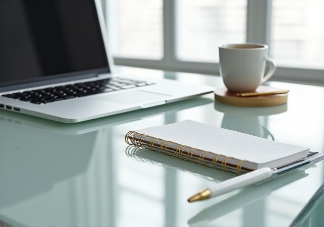 A modern home office setup with a laptop and a coffee cup, bright and professional laptop on glass desk