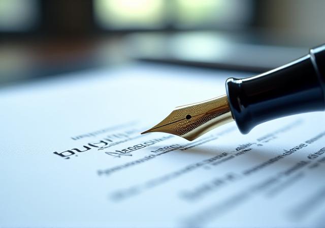 Professional legal documents and a fountain pen on a clean desk
